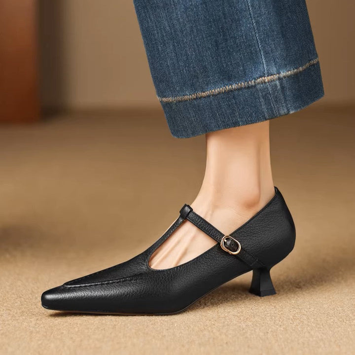 Women's Leather Kitten Heel T-Bar Shoes – Tirea