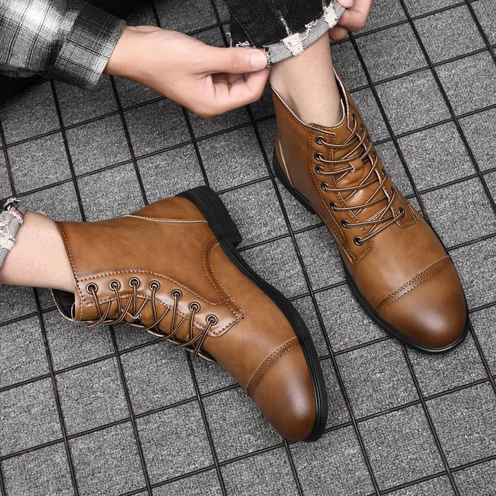 Men's toe-cap lace-up boots Christian in Saffron Brown – lacing up on foot