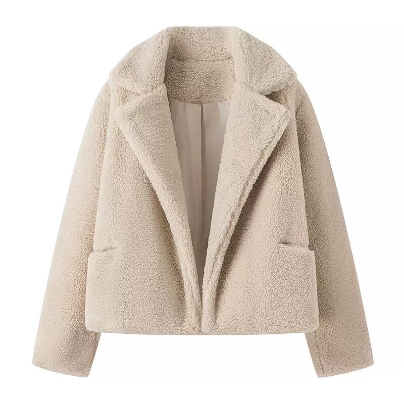 Women's cropped teddy jacket Xena in Beige – flat front view open
