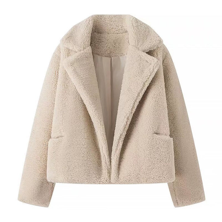 Women's cropped teddy jacket Xena in Beige – flat front view open