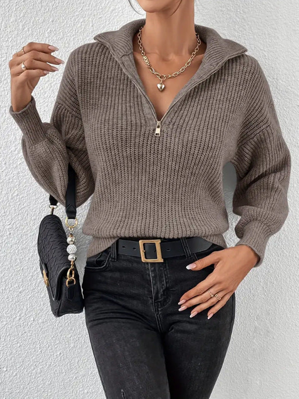 Women's ribbed half zip jumper Hetty in Dark Brown – front view