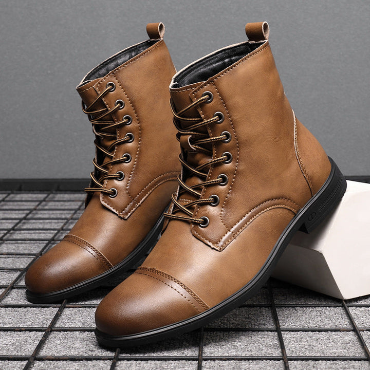 Men's toe-cap lace-up boots Christian in Saffron Brown – pair on display block