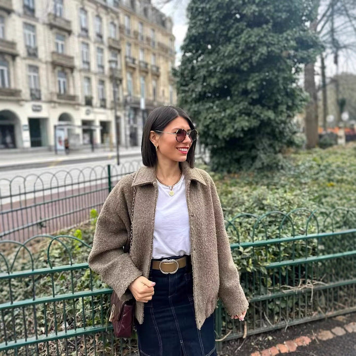 Women's teddy jacket Rosina in Camel – worn open outdoors