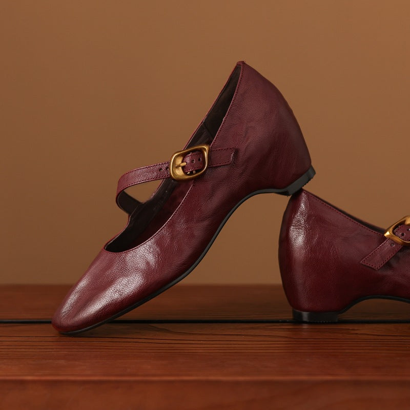 Women's Round Toe Leather Mary Jane Flats – Quira