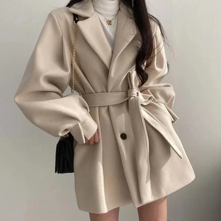 Women's belted short coat Clementina in White – styled with shoulder bag