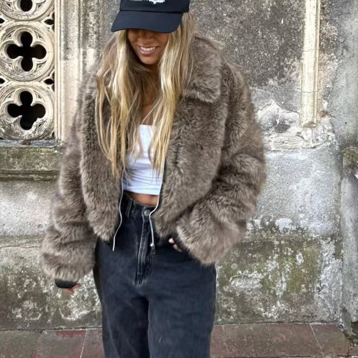 Women's Faux Fur Bomber Jacket with Zip Closure