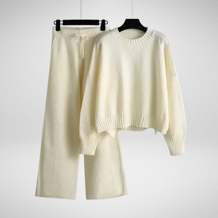Women's knitted co ord trouser set Effie in Cream – studio product view