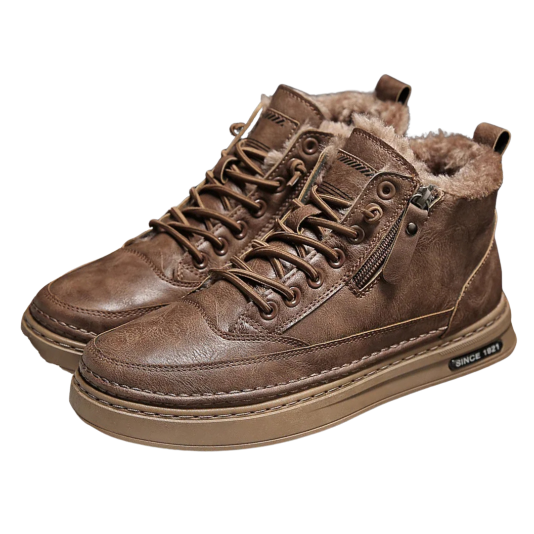 Men's faux fur-lined boots Christopher in Brown – side zip on white background