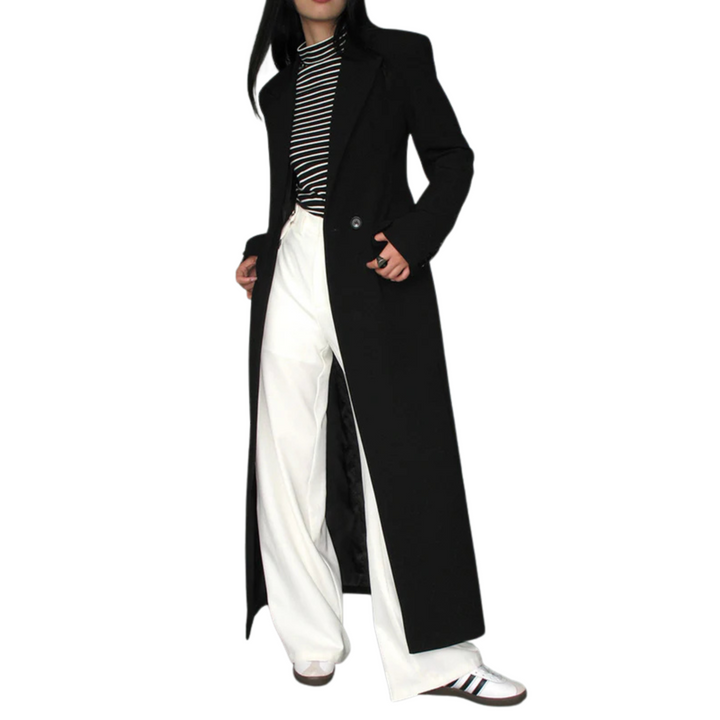 Women's black long coat Petra in Black – front view