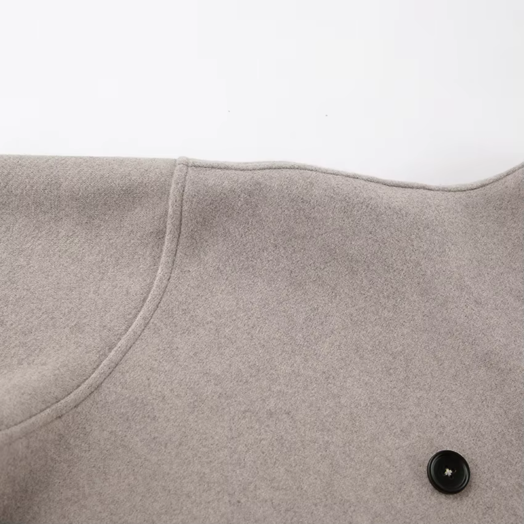 Women's short double breasted coat Ailsa in Brown – seam and button detail