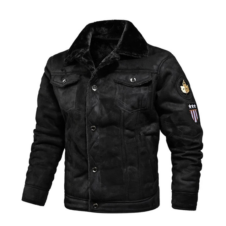 Men's Faux Suede Trucker Jacket Aksel in Black – front view