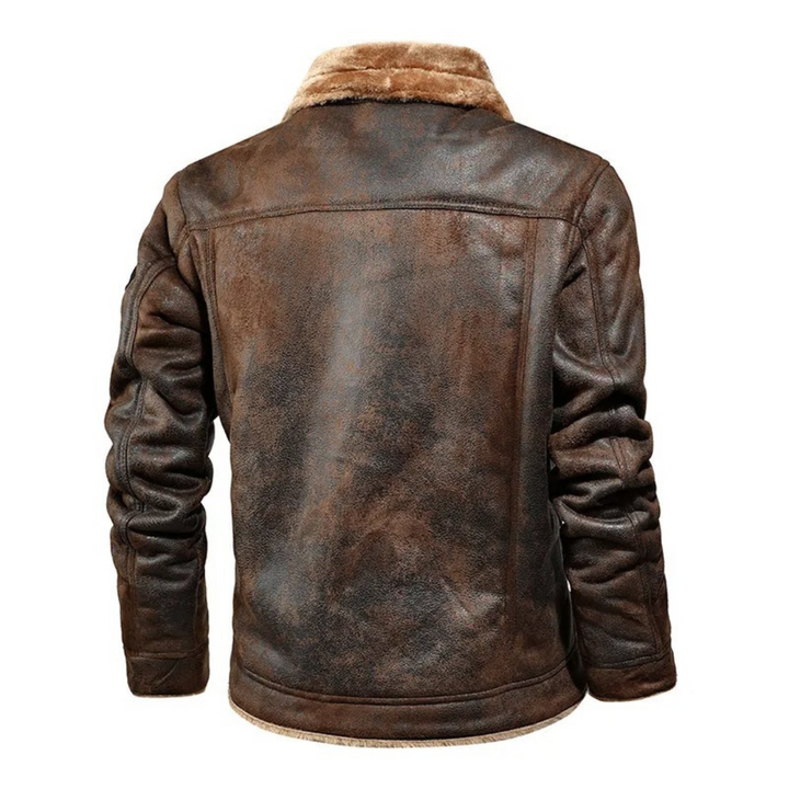 Men's Faux Suede Trucker Jacket Aksel in Brown – back view
