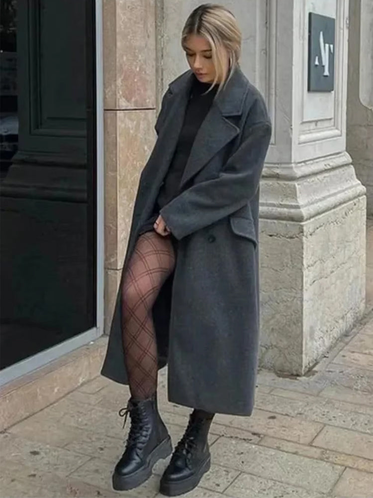 Women's double breasted coat Olwen in Grey – worn open view