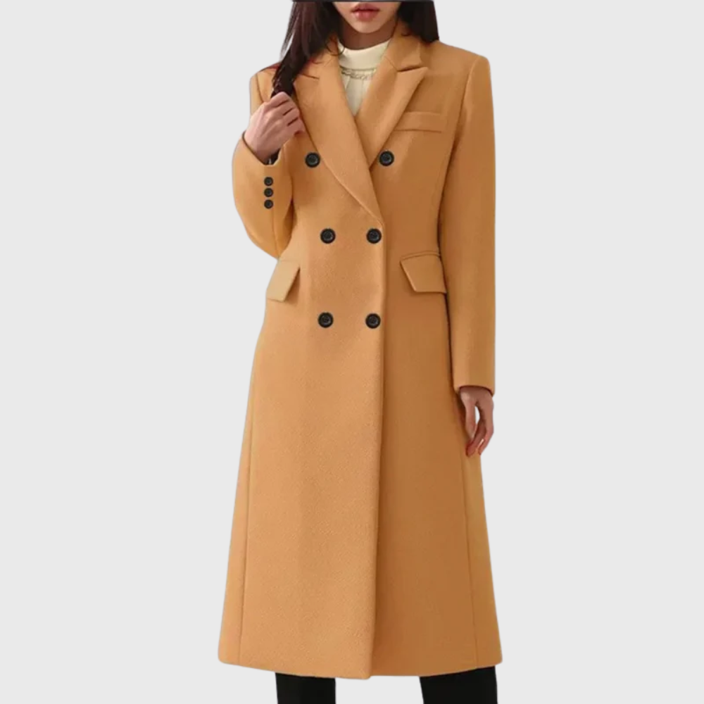 Women's double breasted long coat Dotty in Brown – front view