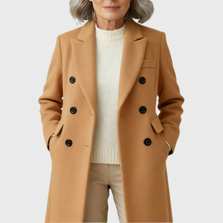 Women's double breasted long coat Dotty in Brown – worn open close-up