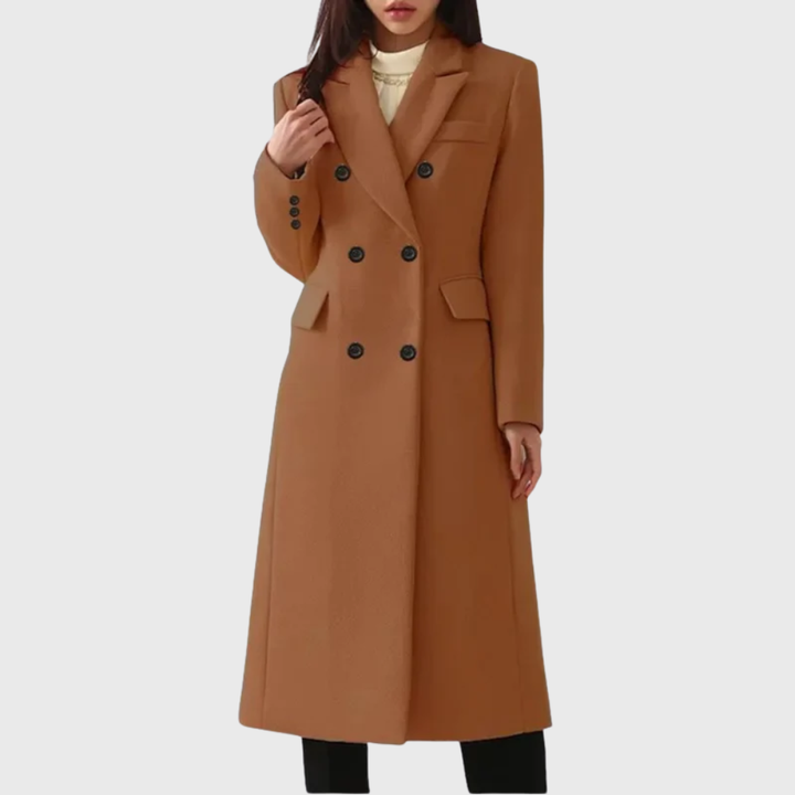 Women's double breasted long coat Dotty in Dark Brown – front view