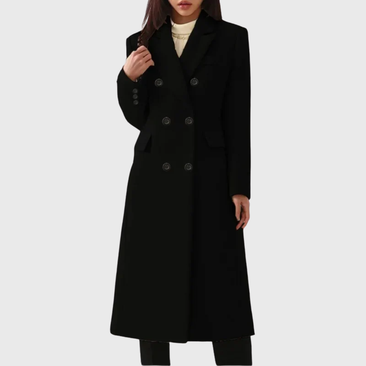 Women's double breasted long coat Dotty in Black – front view