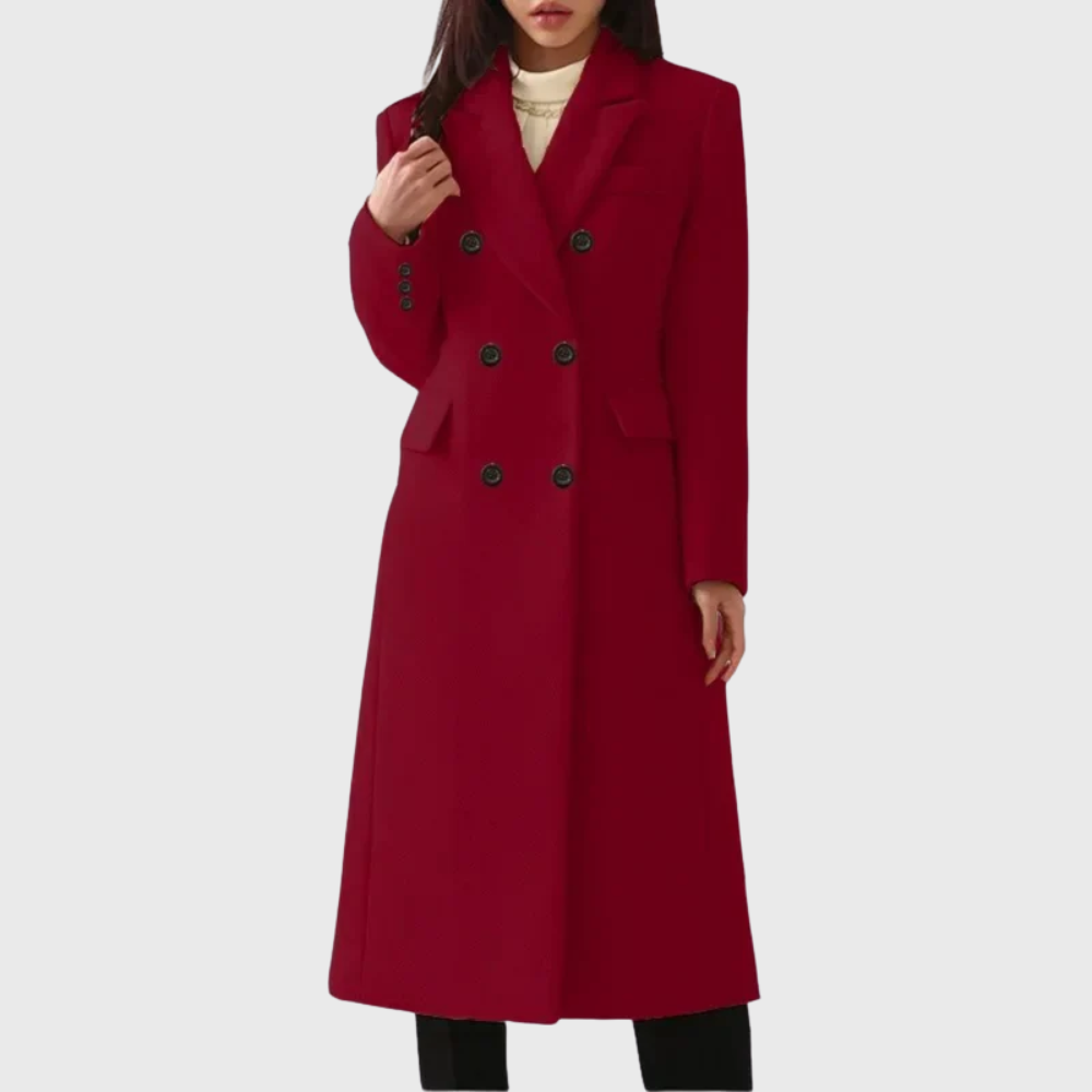 Women's double breasted long coat Dotty in Red – front view