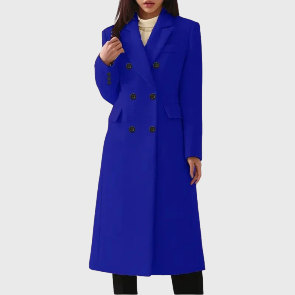 Women's double breasted long coat Dotty in Blue – front view