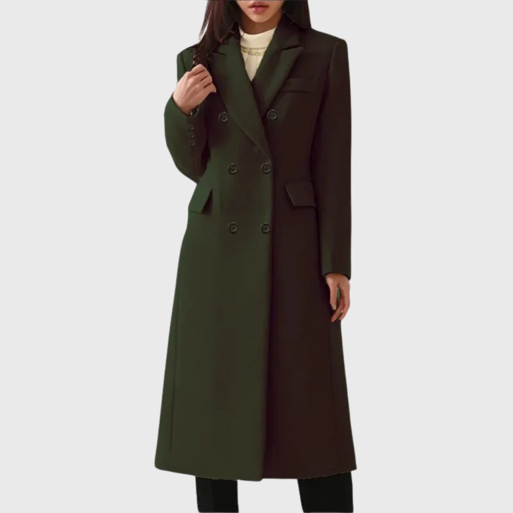 Women's double breasted long coat Dotty in Dark Green – front view
