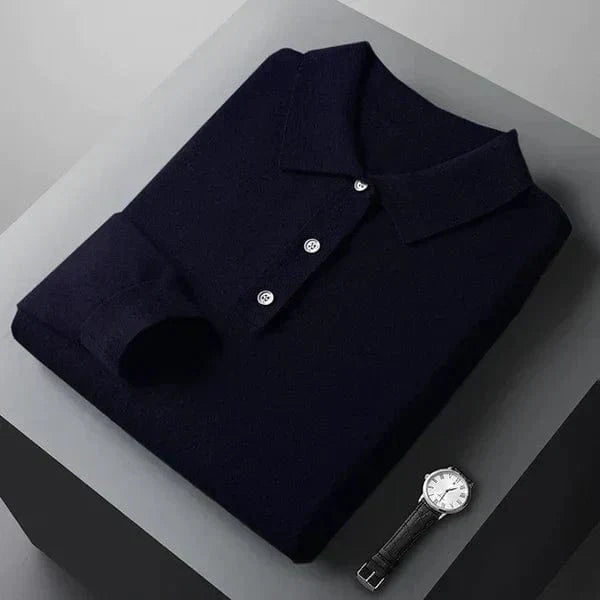 Men's soft knit polo jumper Ferris in Navy – folded, three-button collar