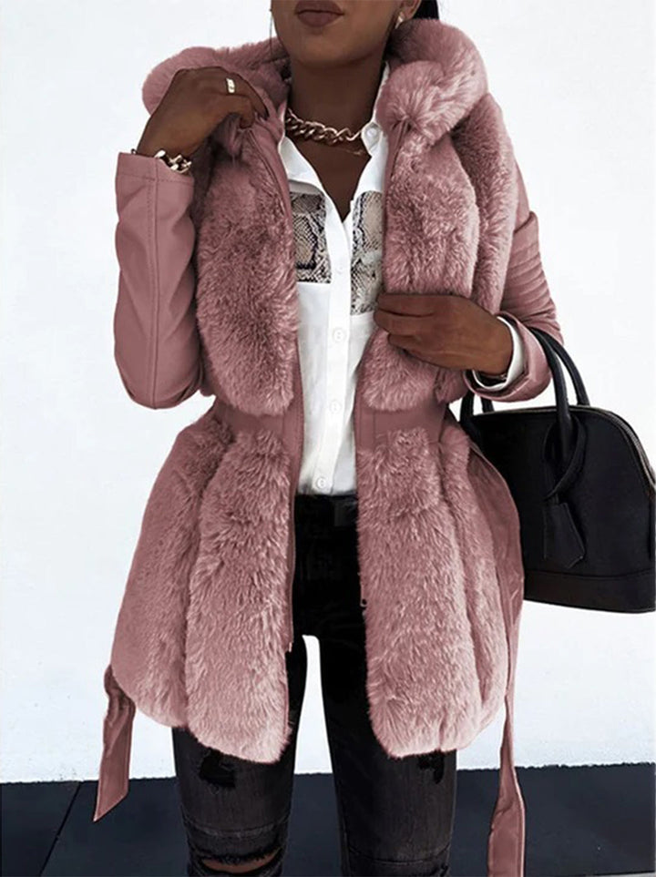 Salthouse women's hooded faux fur jacket in Dusty Pink – front view