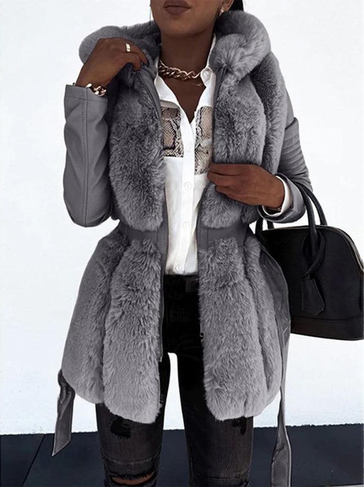Salthouse women's hooded faux fur jacket in Grey – front view