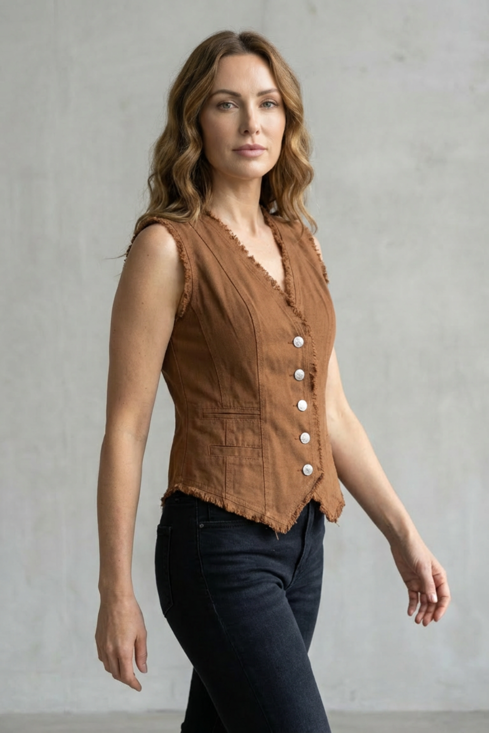 Women's Distressed Denim Waistcoat with Buttons - Vercelline