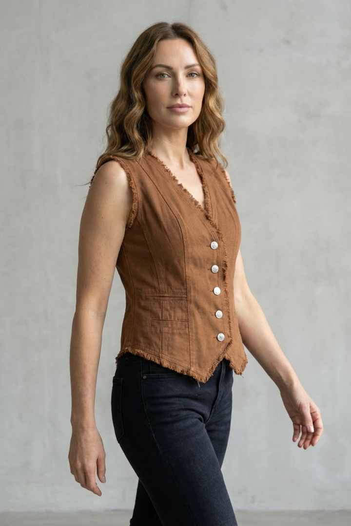 Women's Distressed Denim Waistcoat with Buttons - Vercelline