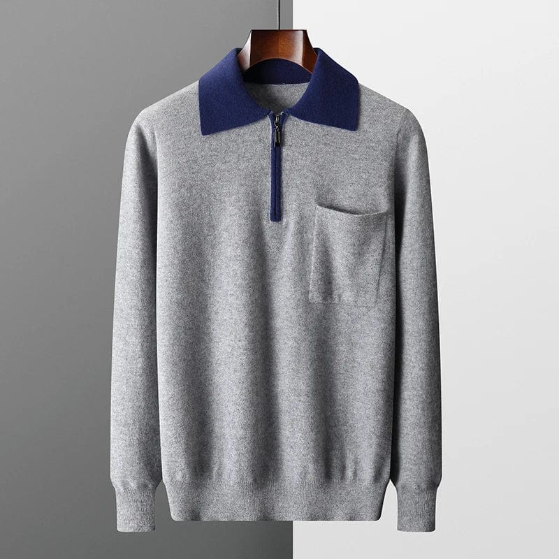 Men's grey knitted zip polo jumper with navy contrast collar – front view
