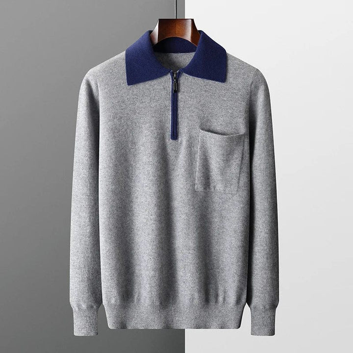 Men's grey knitted zip polo jumper with navy contrast collar – front view