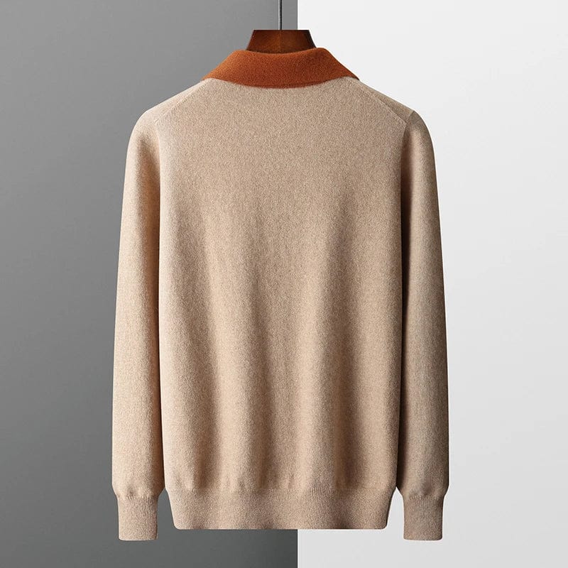 Men's camel knitted zip polo jumper with rust contrast collar – back view