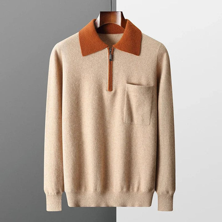 Men's camel knitted zip polo jumper with rust contrast collar – front view