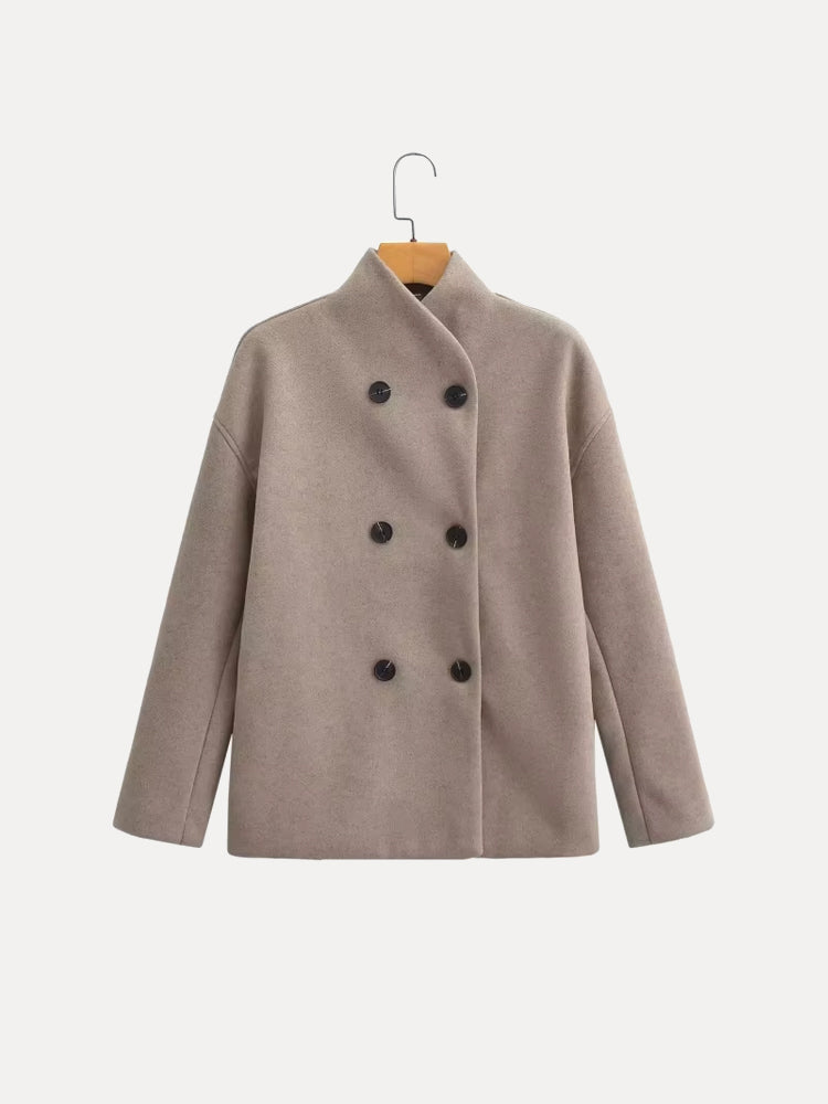 Women's short coat Yolande in Beige – flat front view on hanger