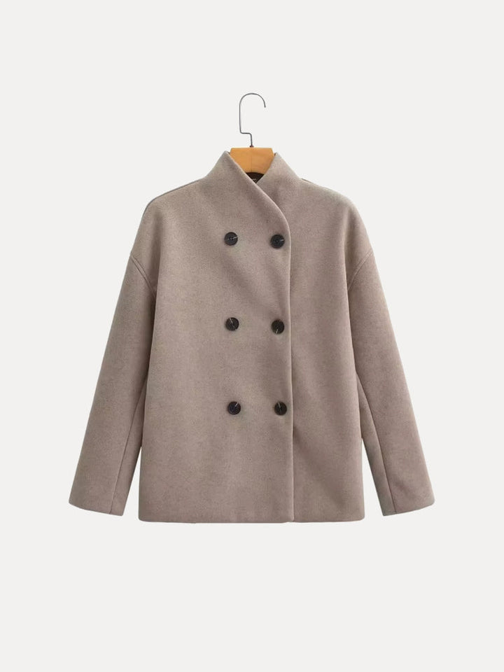 Women's short coat Yolande in Beige – flat front view on hanger