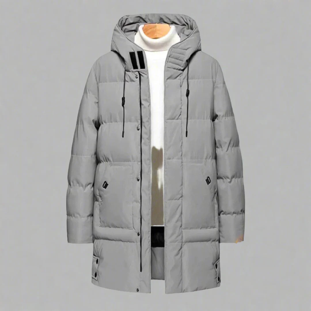 Men's Long Hooded Puffer Coat Darren in Grey – front flat lay