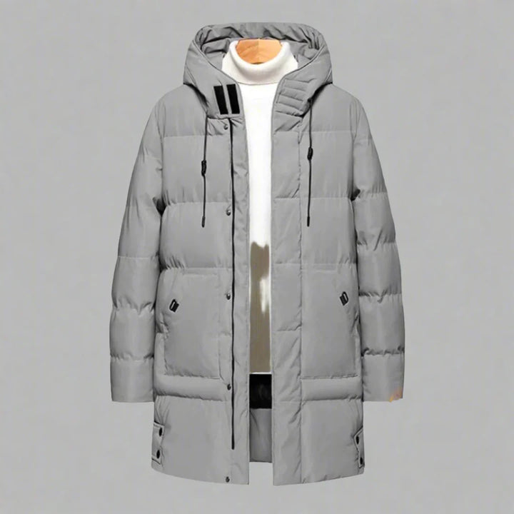 Men's Long Hooded Puffer Coat Darren in Grey – front flat lay