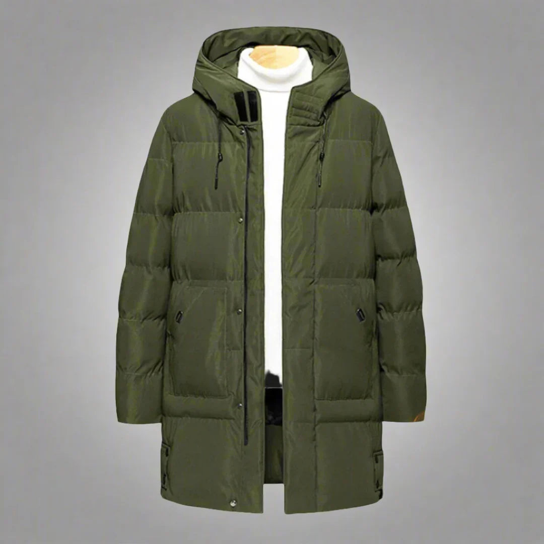 Men's Long Hooded Puffer Coat Darren in Army Green – front flat lay