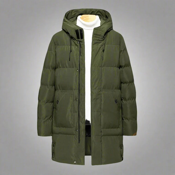 Men's Long Hooded Puffer Coat Darren in Army Green – front flat lay
