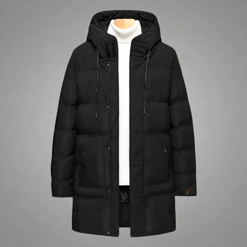 Men's Long Hooded Puffer Coat Darren in Black – front flat lay