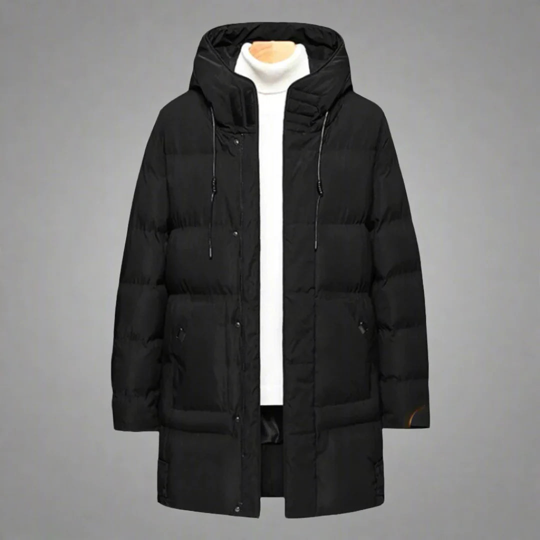 Men's Long Hooded Puffer Coat Darren in Black – front flat lay