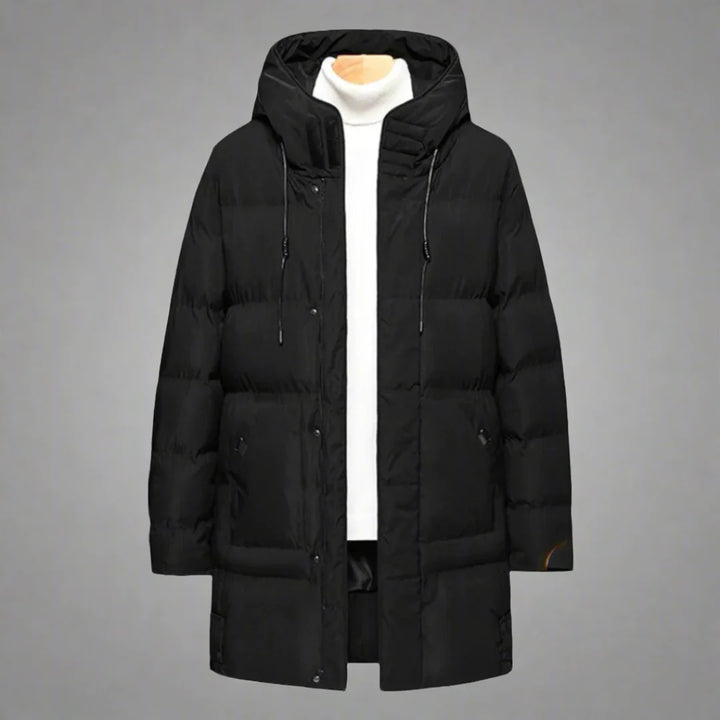 Men's Long Hooded Puffer Coat Darren in Black – front flat lay