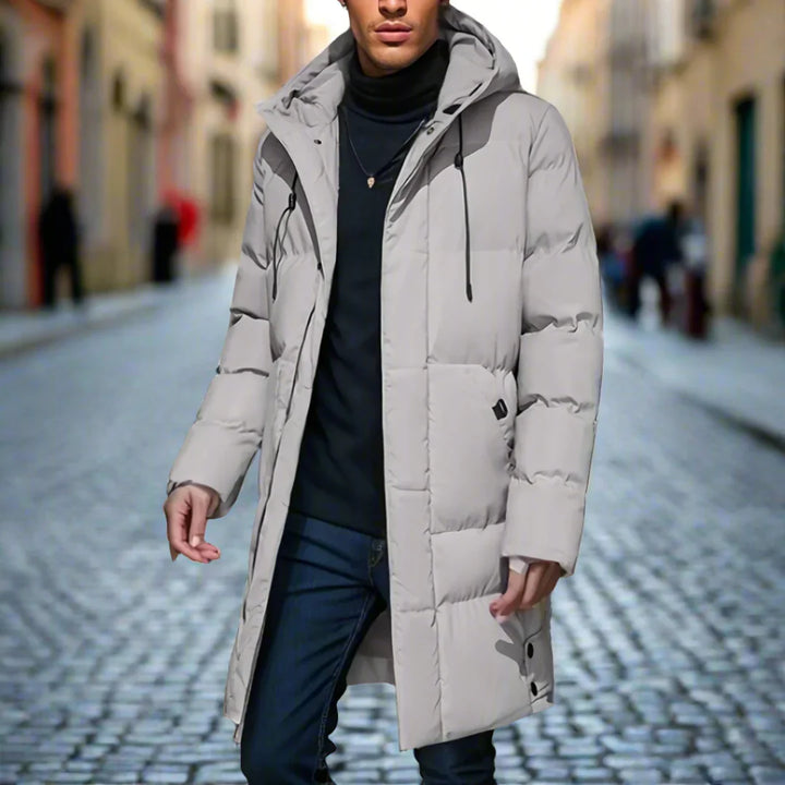 Men's Long Hooded Puffer Coat Darren in Grey – street-style front view