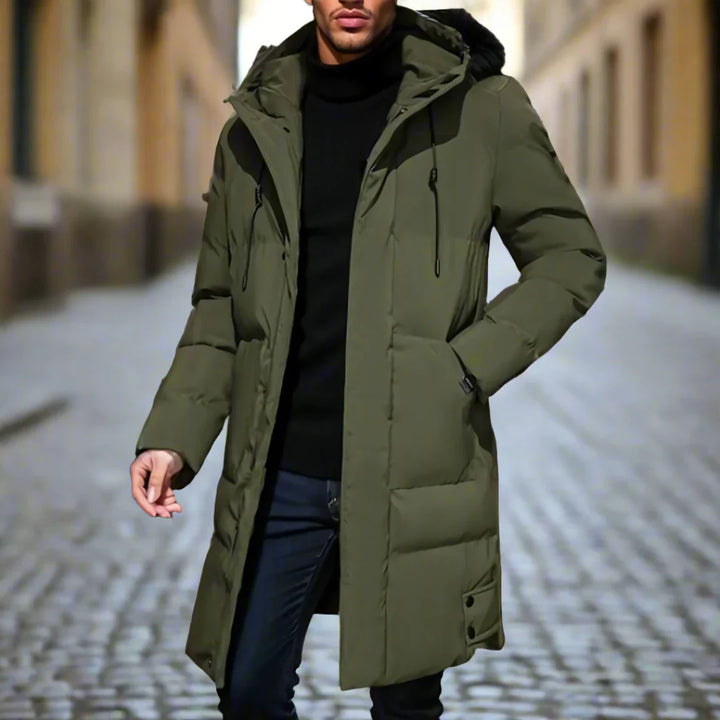 Men's Long Hooded Puffer Coat Darren in Army Green – street-style front view