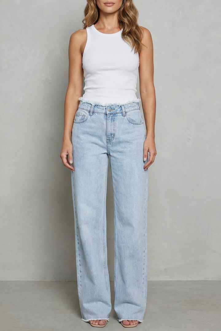Women's High Waisted Wide Leg Jeans with Raw Hem - Quintessa