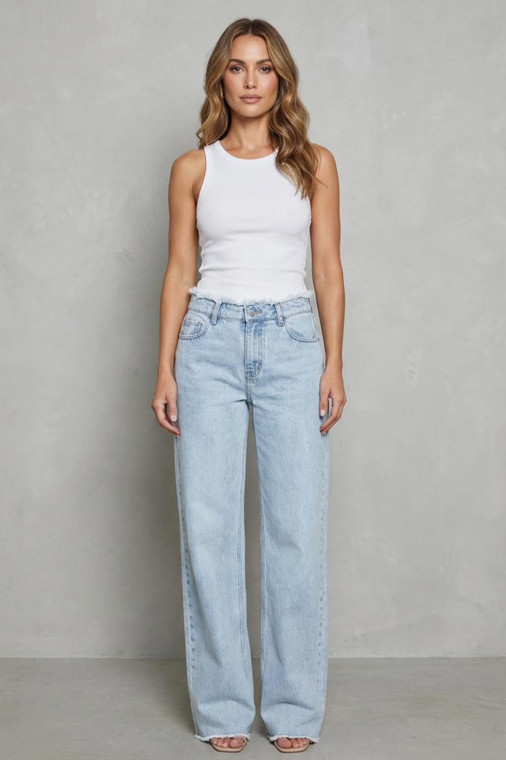 Women's High Waisted Wide Leg Jeans with Raw Hem - Quintessa