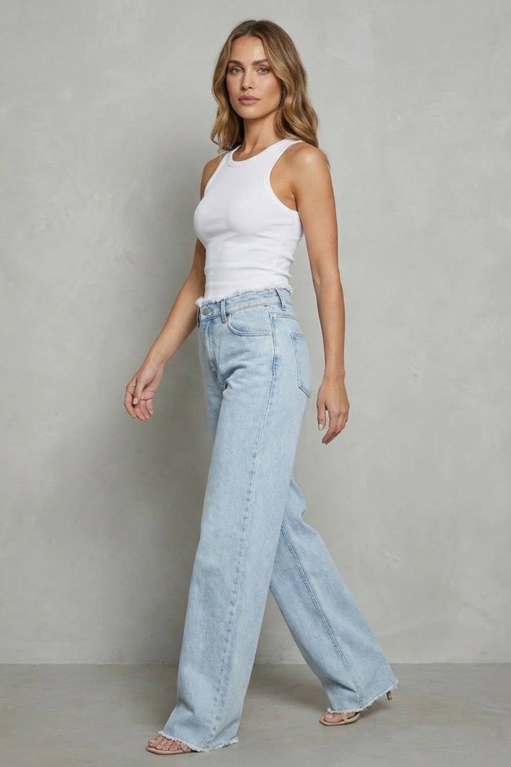 Women's High Waisted Wide Leg Jeans with Raw Hem - Quintessa