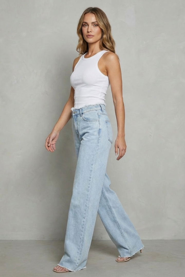 Women's High Waisted Wide Leg Jeans with Raw Hem - Quintessa