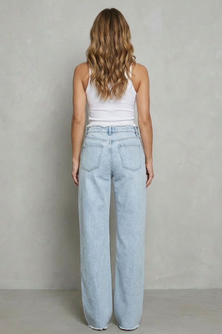 Women's High Waisted Wide Leg Jeans with Raw Hem - Quintessa