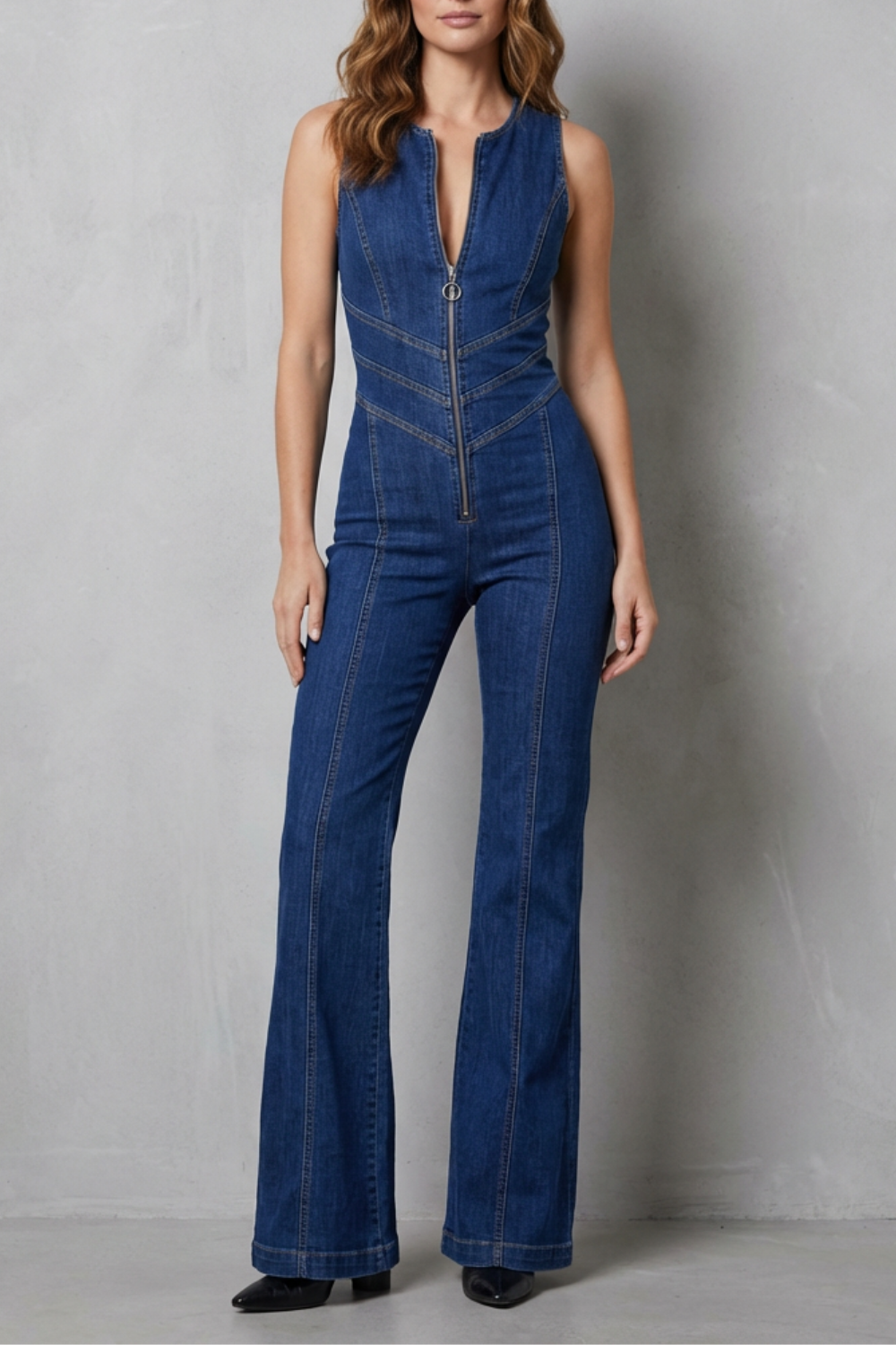 Women's Zip Front Denim Jumpsuit with Flared Leg - Kalienne